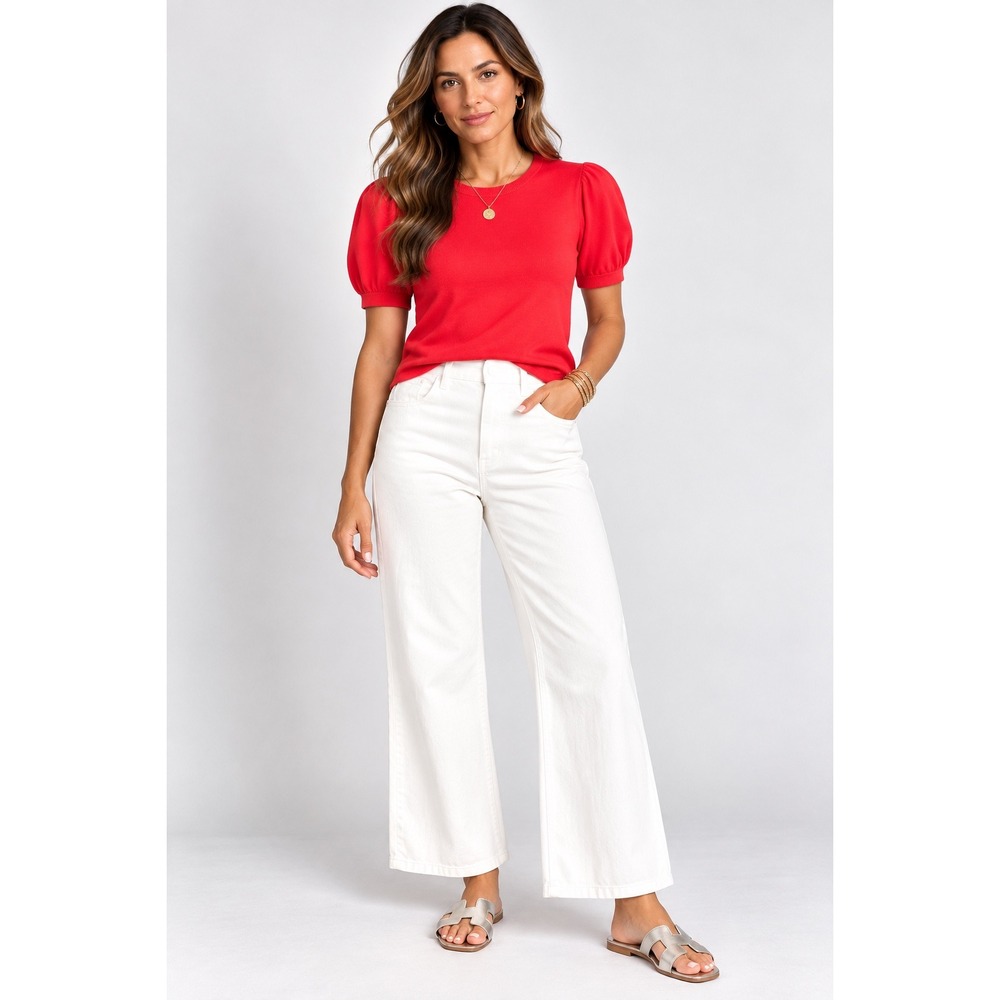CeCe Puff Sleeve Knit Top L Bright Coral Red Cotton Blend Short Sleeve